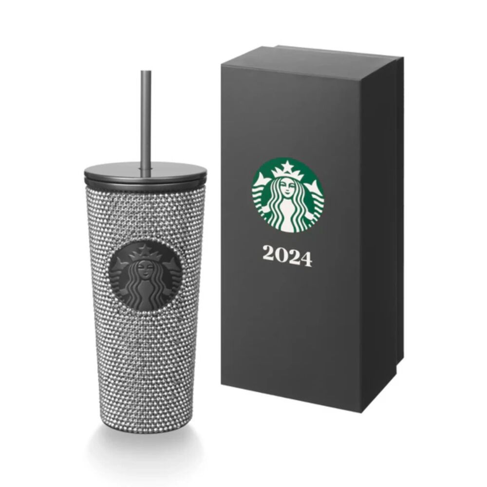 Starbucks 2024 Rhinestone Glittery Charcoal Stainless Steel Cold Cup 16Oz. NIB ☘